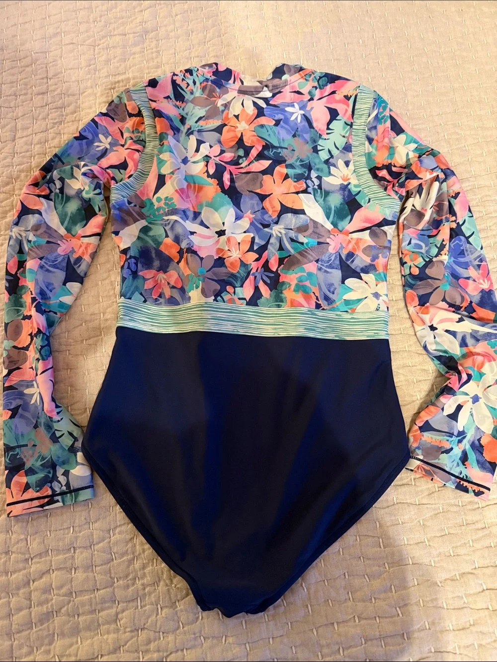 Athleta Girl Floral Navy Long Sleeve One-Piece Swimsuit - Size XXL (16)